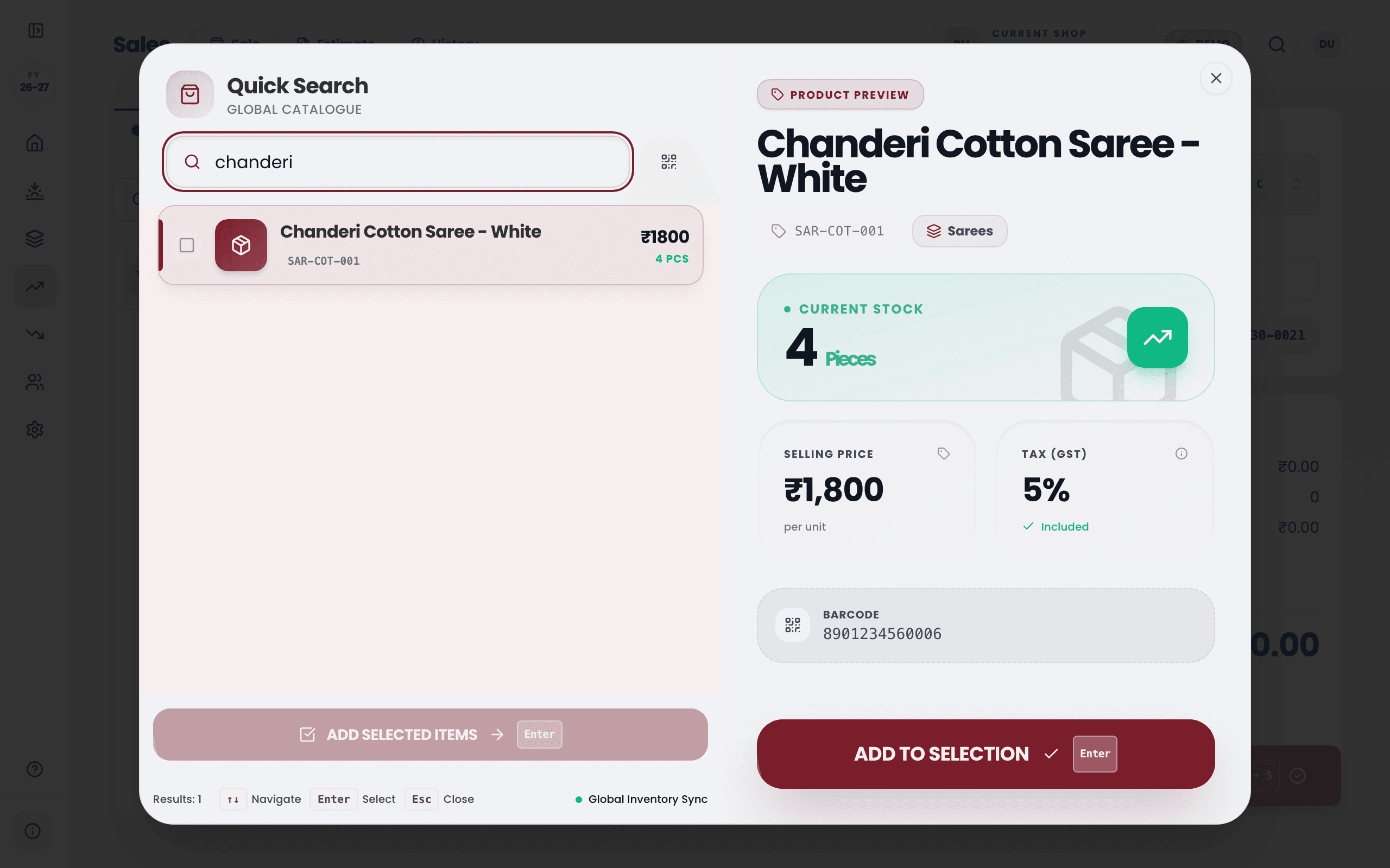 HisabLekha billing: find a product by name or barcode scan, check live stock and the GST summary, then confirm the payment total